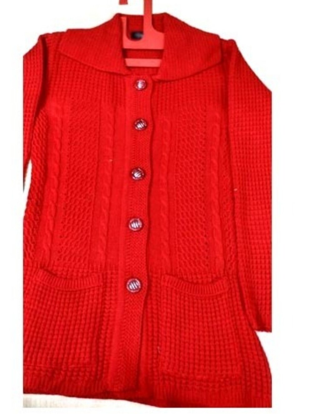 Vintage Women's Red Cable Knit Button-Front Cardigan
